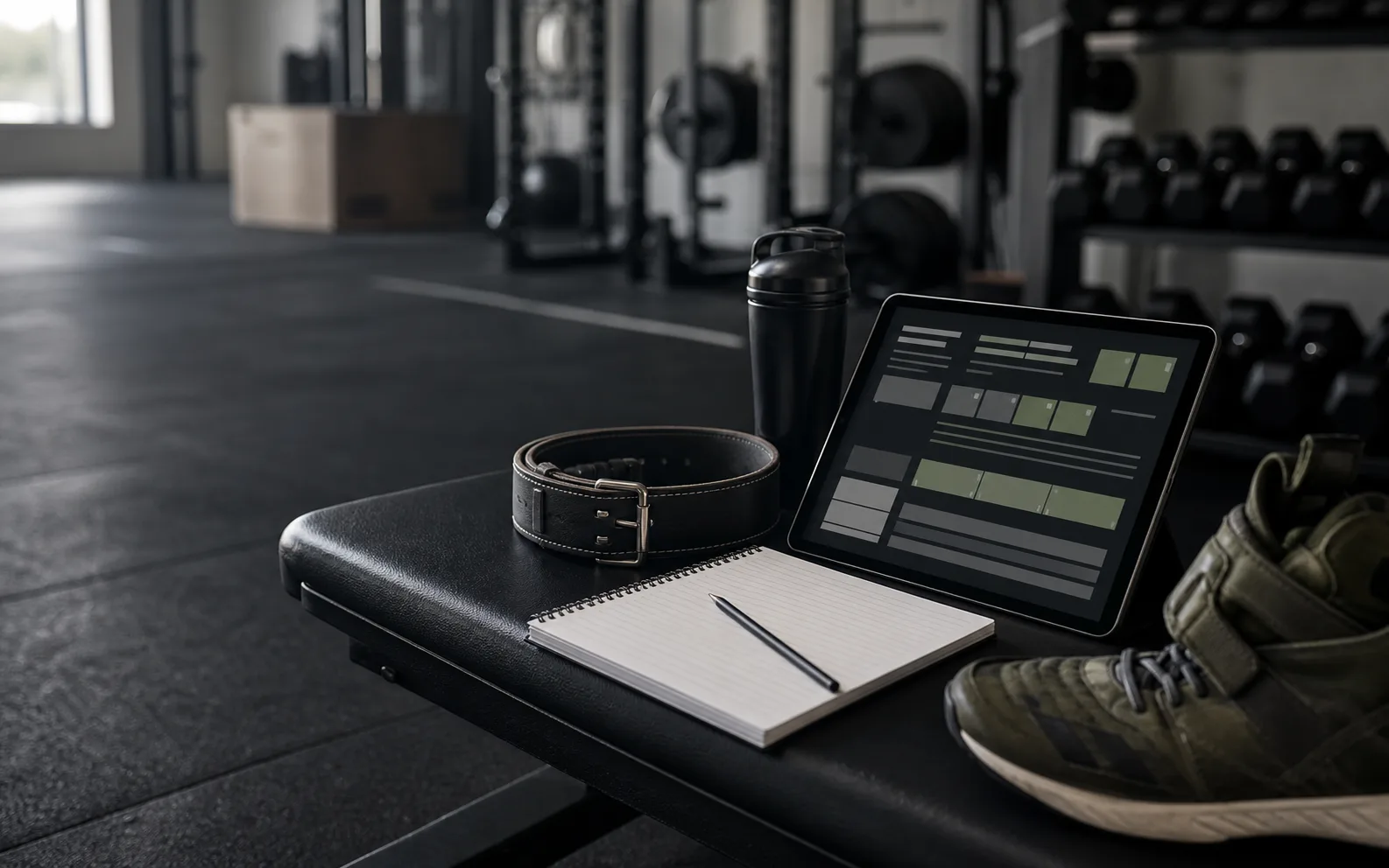 Training plan, notebook, and gear set up in a performance gym